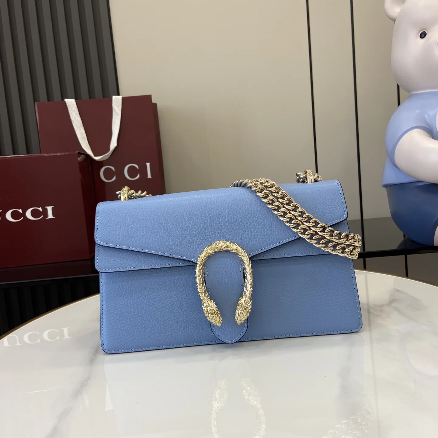 1-1831 UbestLuxury Gucci 浅蓝色皮革双虎头锁扣翻盖包 28cm main product photo SKU GU25634