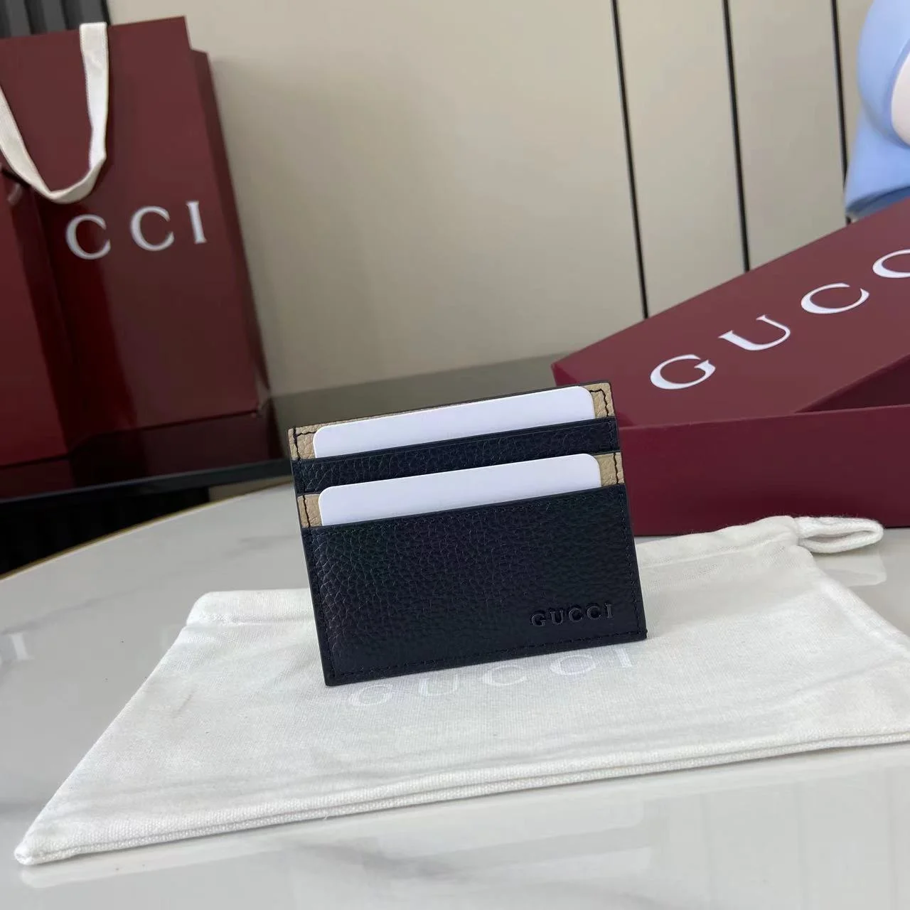 1-1934 UbestLuxury Gucci Gucci Card Case Deep Blue/Oatmeal Calfskin Leather 2025 Pre-Spring main product photo SKU GU25714