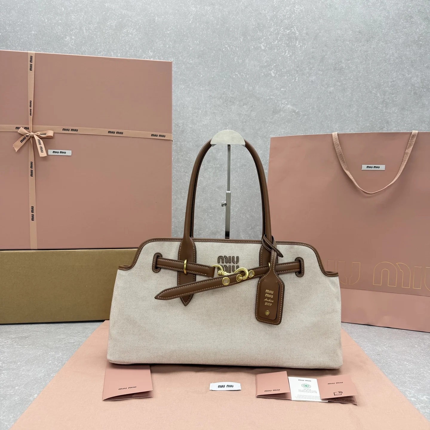 1-3417 Miu Miu Aventure Handbag Small Canvas Brown - Image 1