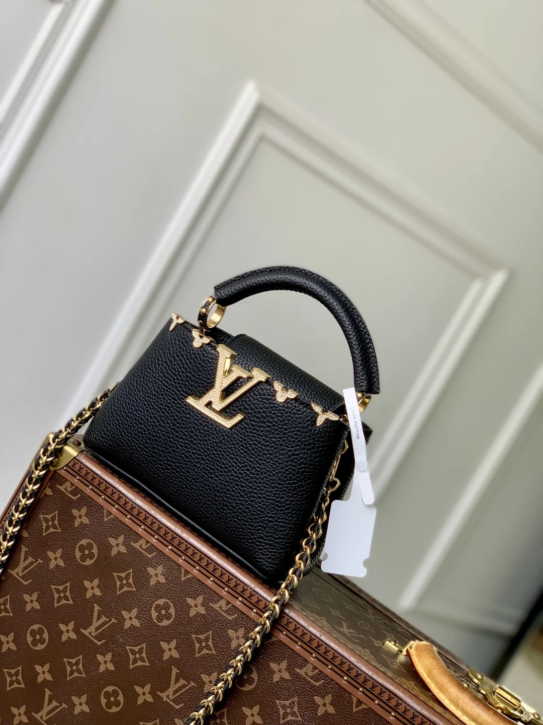 1-3816 Mini Capucines Nano Handbag Black with Gold Diamond Flower - Image 1