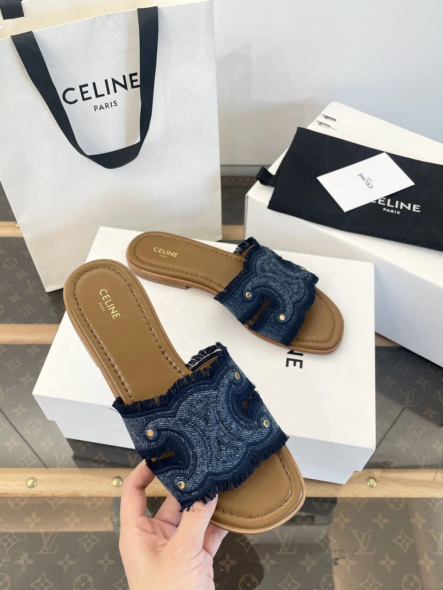 1-4075 Celine 2025 Denim Canvas Triumph Slippers - Image 1