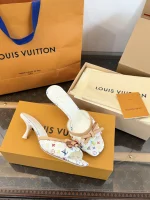LV x Murakami 2026 White Multicolor Butterfly Bow Kitten Heel Slippers
