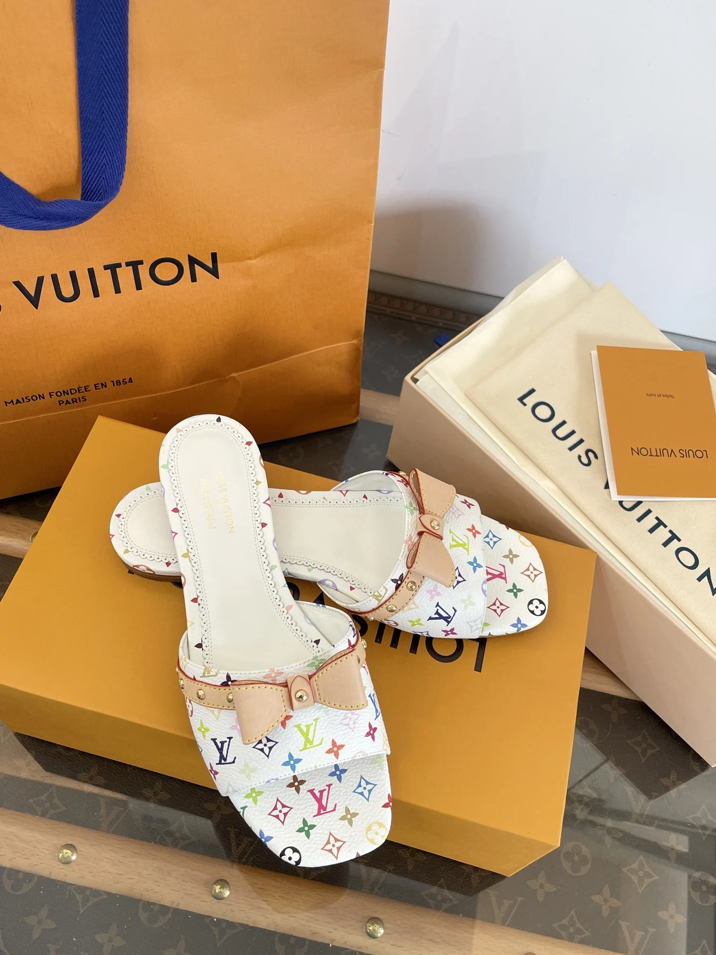 1-4239 LV x Murakami 2025 White Multicolor Butterfly Bow Flat Sandals - Image 1