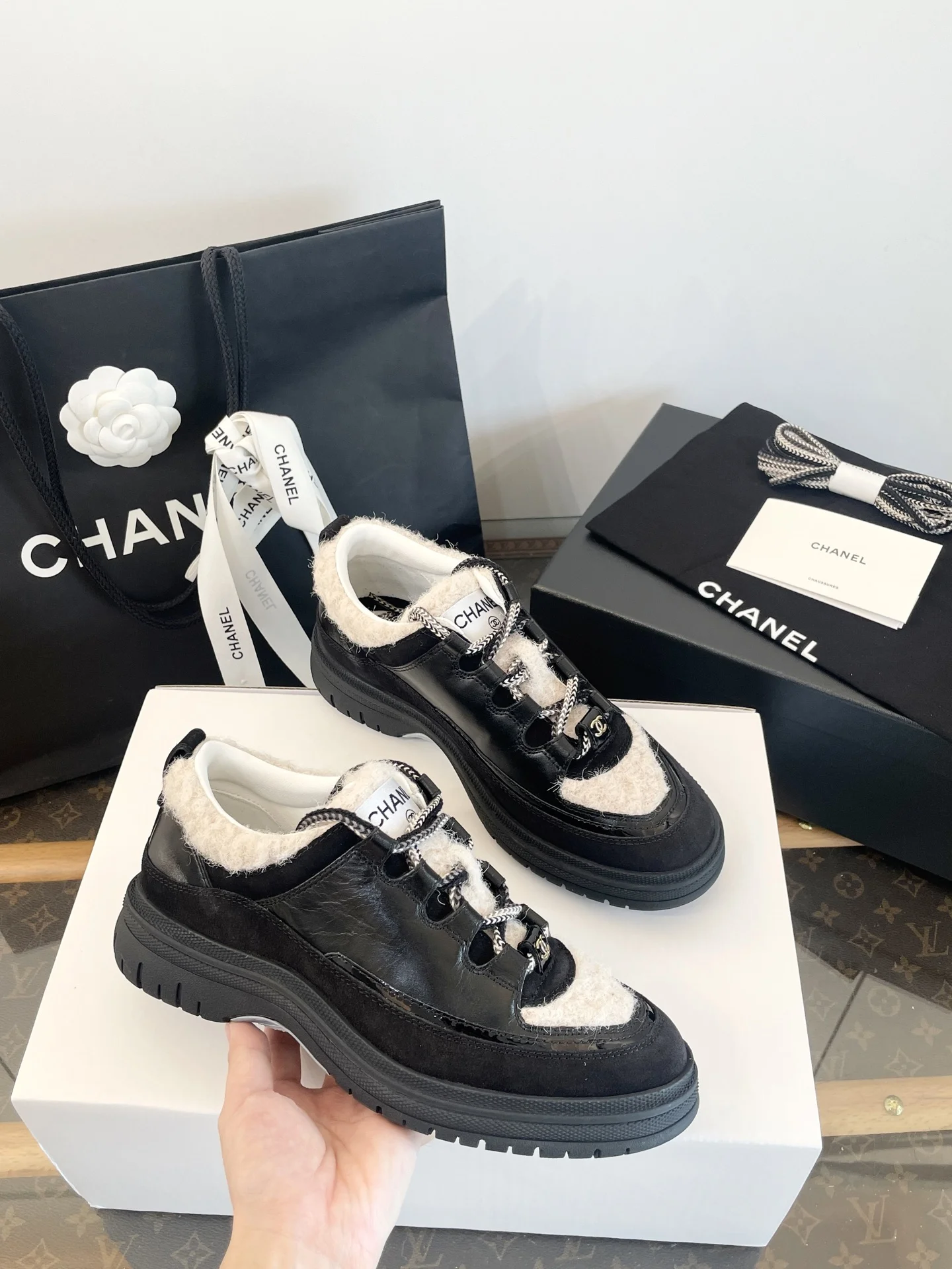 1-4390 Chanel 2025 Thick Sole Teddy Fur Sneakers - Image 1