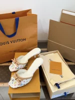 LV x Murakami 2026 White Multicolor Butterfly Bow Kitten Heel Slippers - Image 3
