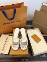 LV x Murakami 2026 White Multicolor Butterfly Bow Kitten Heel Slippers - Image 4