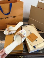 LV x Murakami 2026 White Multicolor Butterfly Bow Kitten Heel Slippers - Image 5