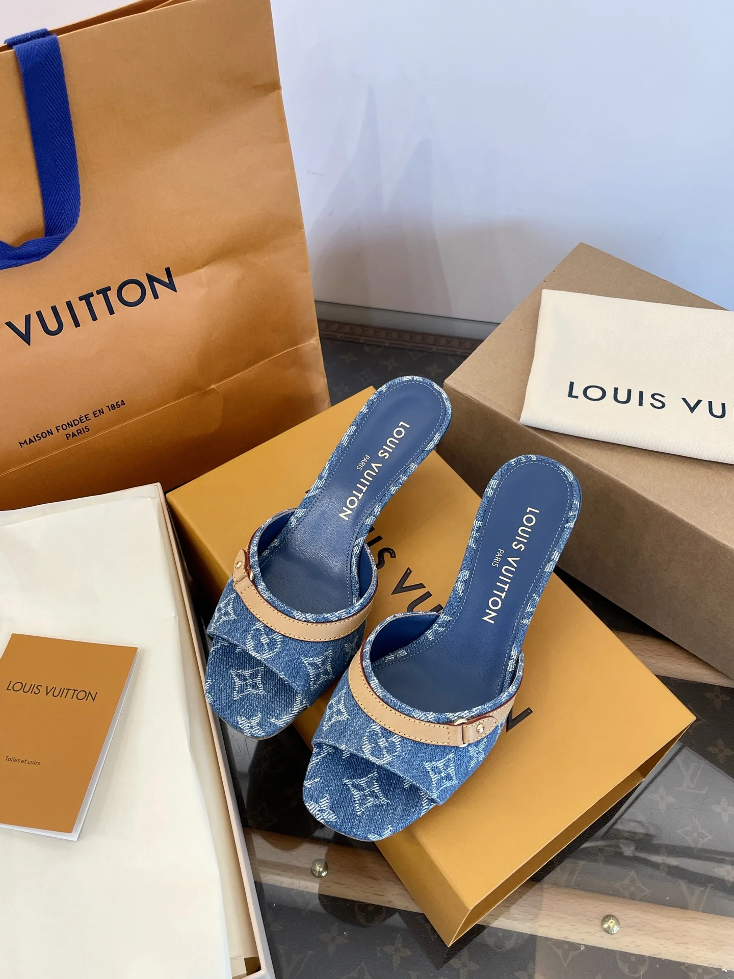 6-3691 Denim Kitten Heel Slippers - Image 1