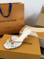 LV x Murakami 2026 White Multicolor Butterfly Bow Kitten Heel Slippers - Image 8