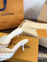 LV x Murakami 2026 White Multicolor Butterfly Bow Kitten Heel Slippers - Image 9