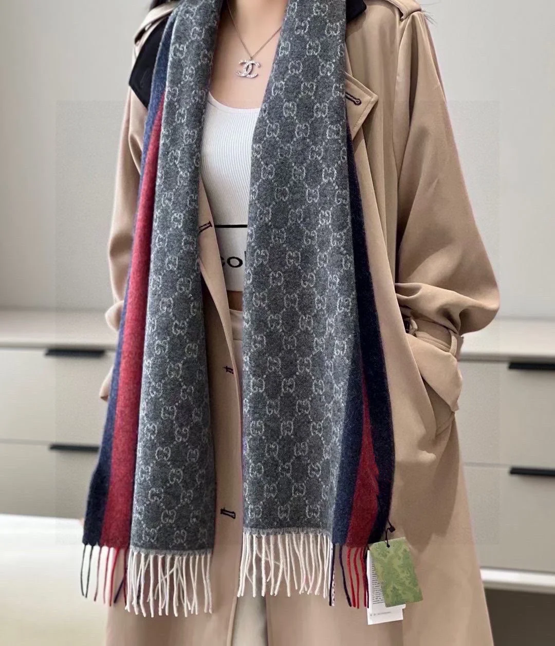 1-1424 Gucci GG Web Stripe Cashmere Scarf - Image 1