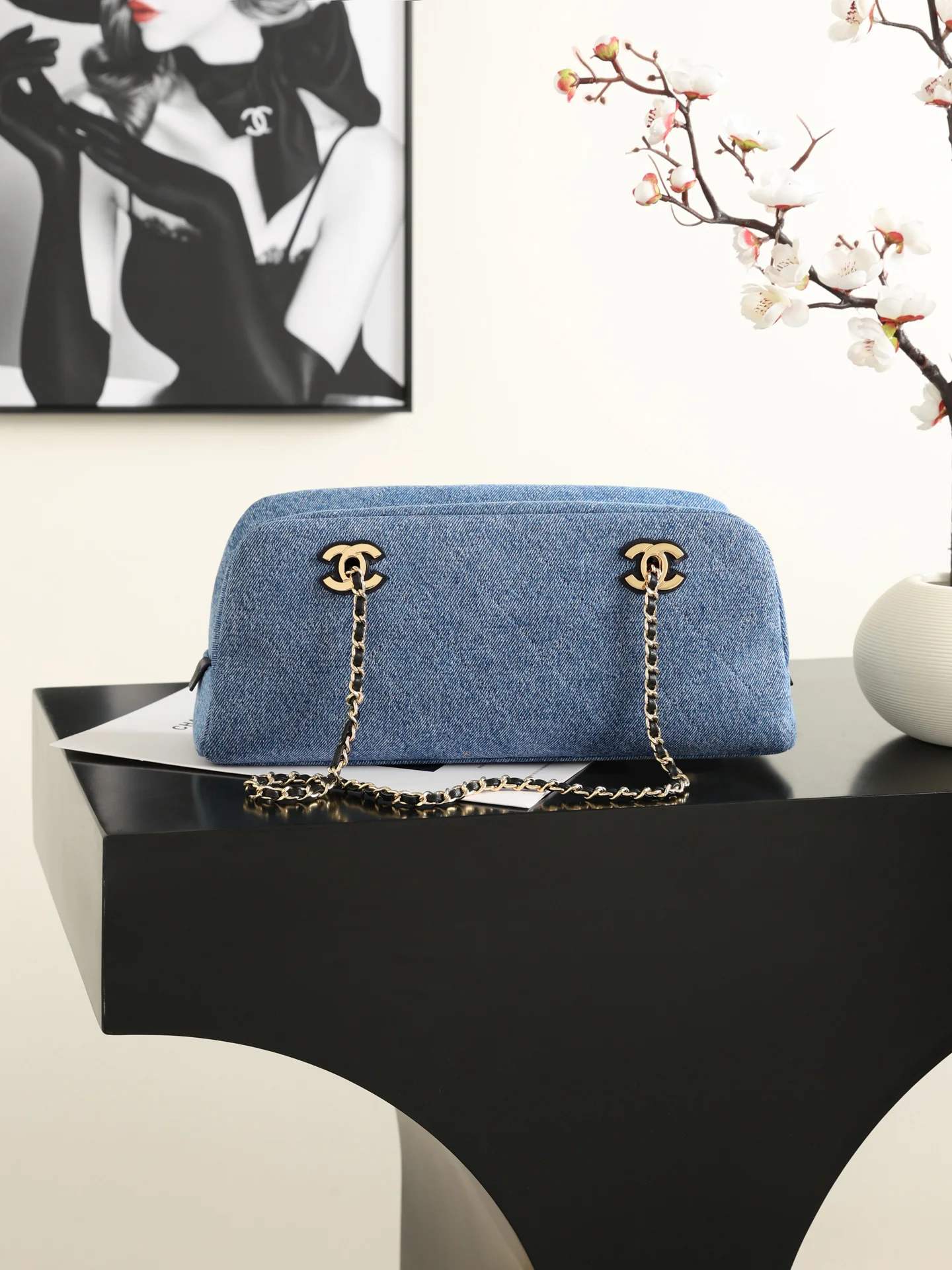 1-1840 Chanel 26A Denim Chain Bowling Bag 32cm - Image 1