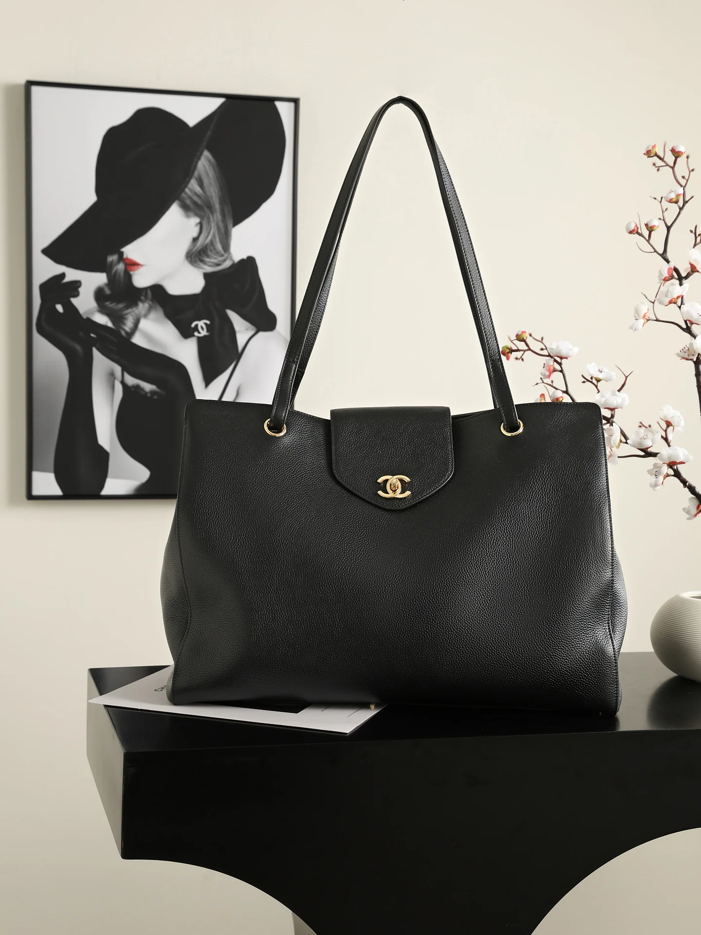 1-187 Chanel Supermodel Tote Bag Black Calfskin Gold Double C Logo - Image 1