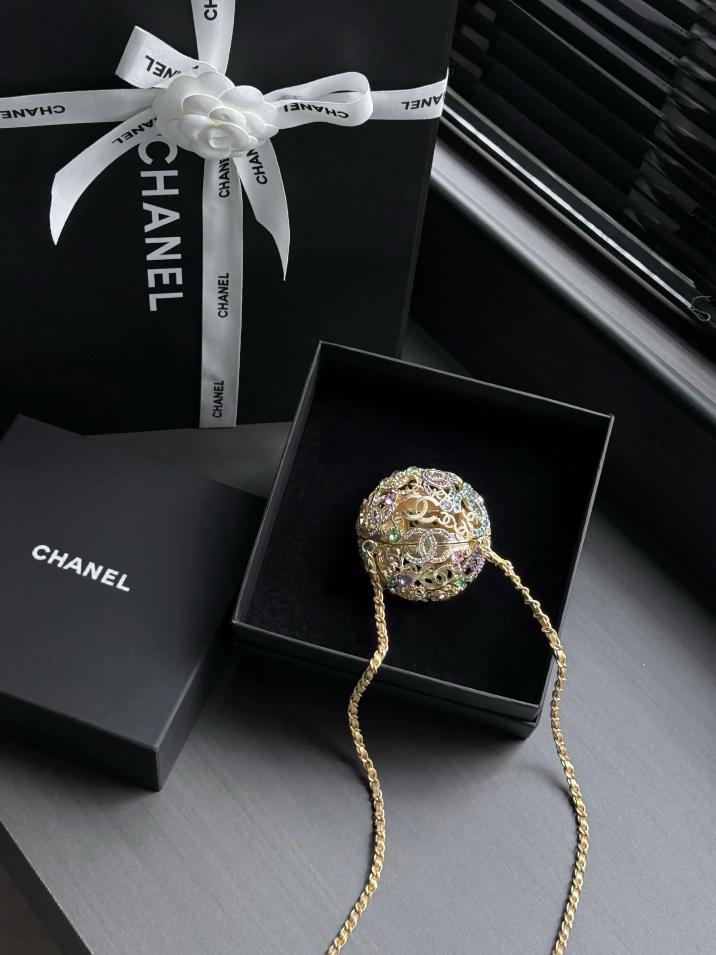 1-196 Chanel 26A Handmade Series Colorful Crystal Gold Hollow Spherical Evening Bag - Image 1