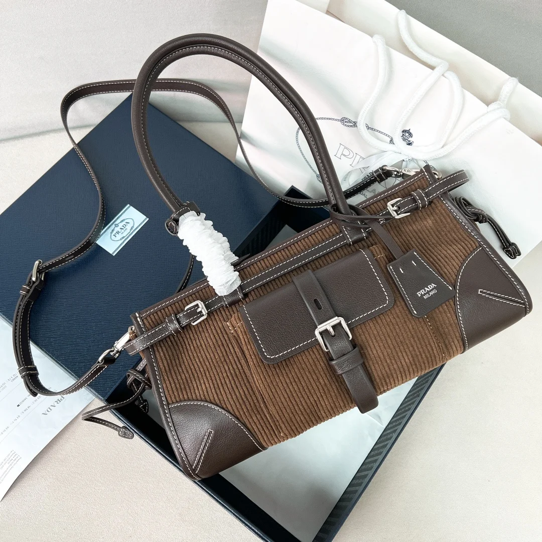 1-1986 Prada Bonnie Medium Corduroy and Leather Bag 32cm - Image 1