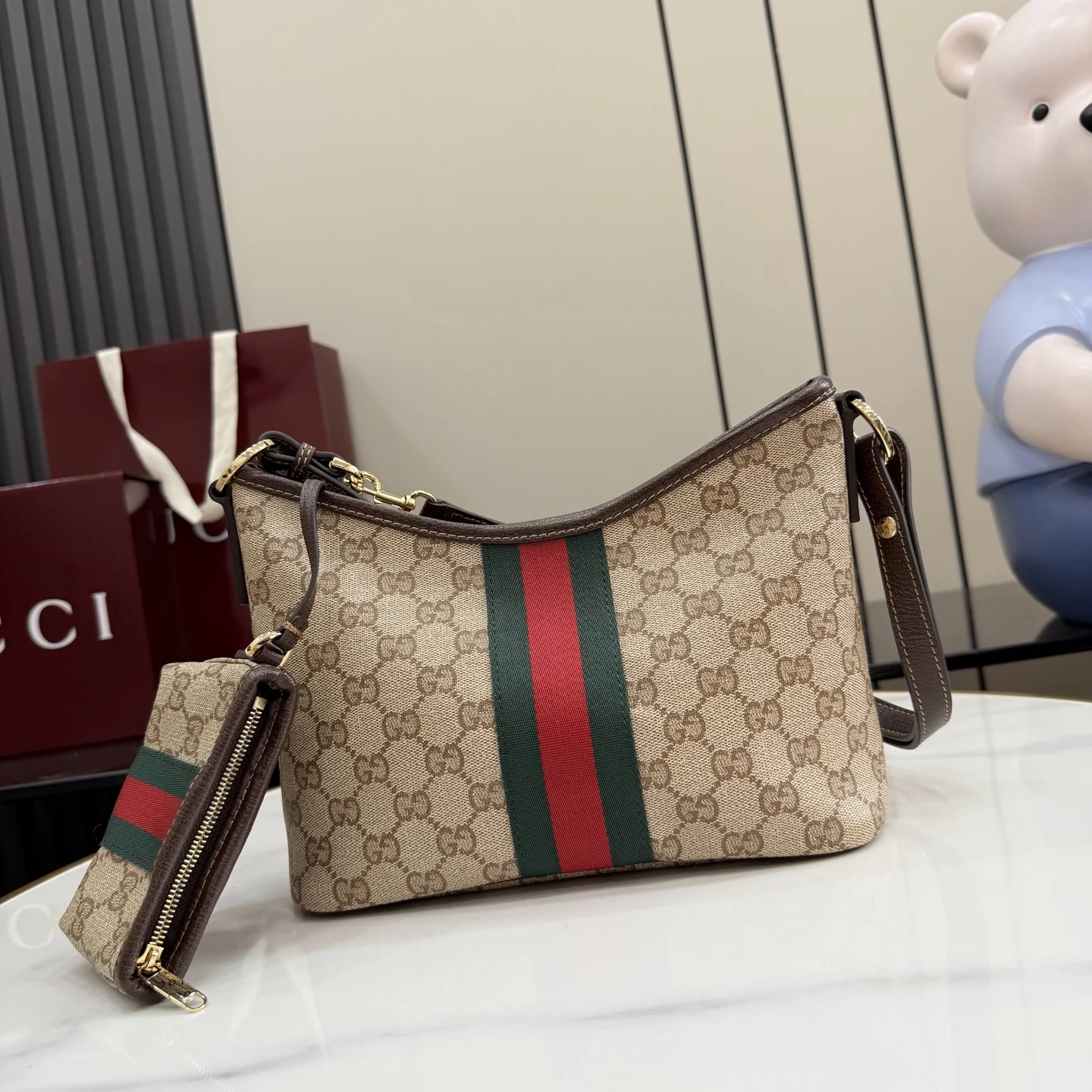 1-2038 Gucci Core GG Web Shoulder Bag with Mini Pouch 25cm - Image 1
