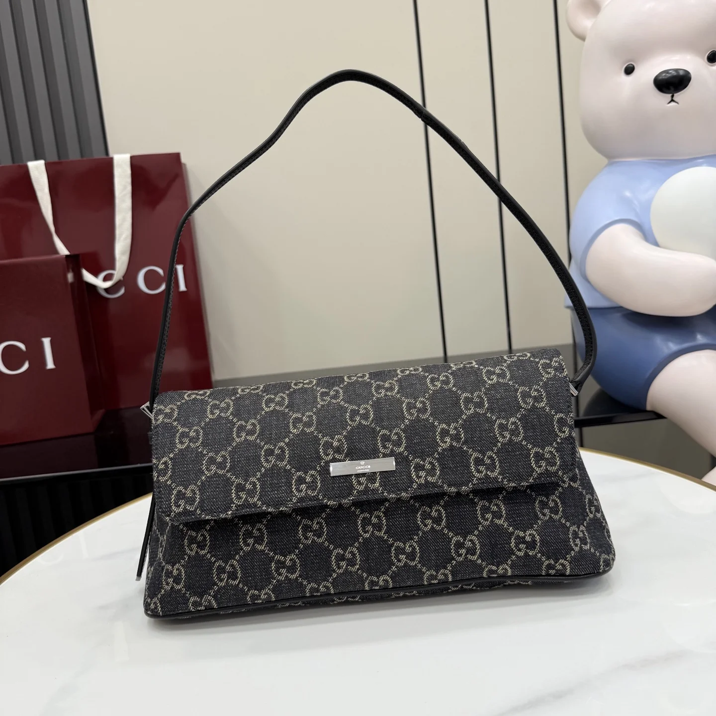 1-363 Gucci Generation GG Denim Flap Shoulder Bag 31cm - Image 1