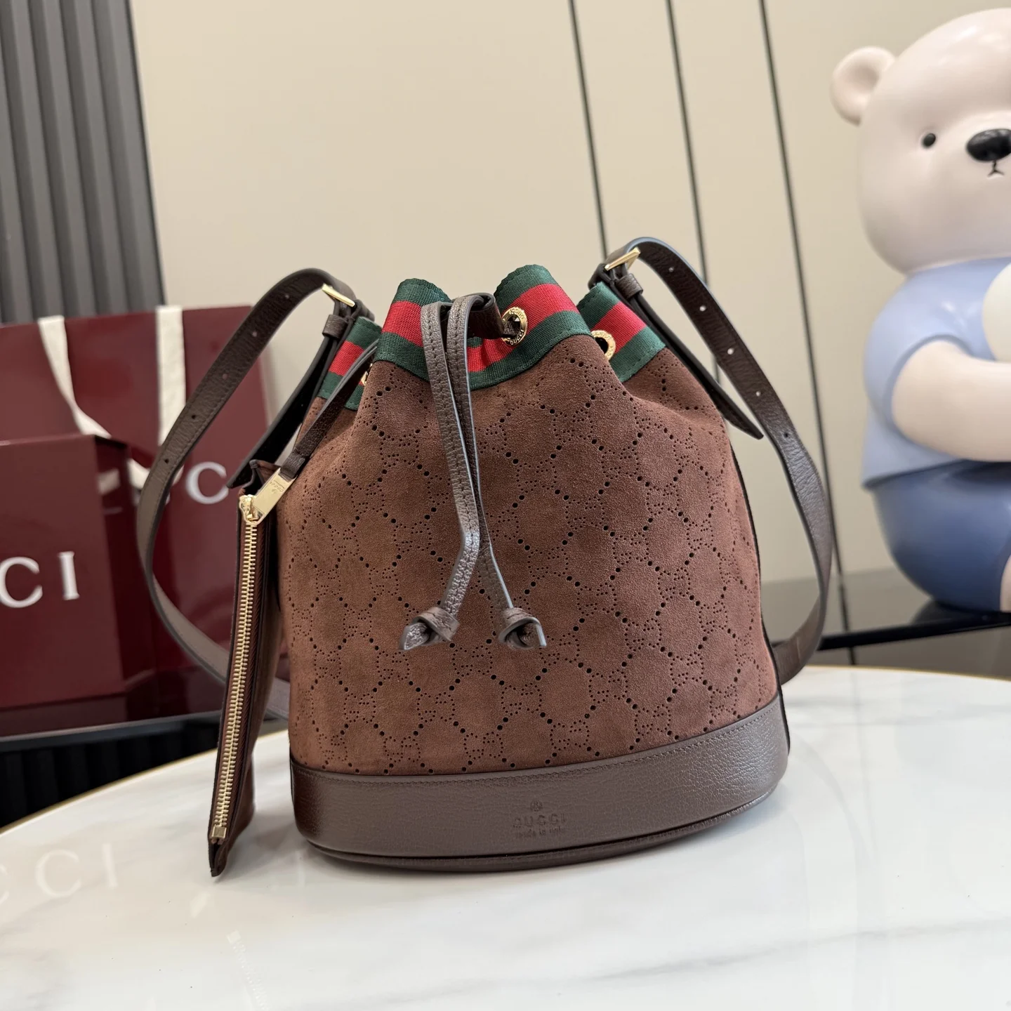 1-422 Gucci Primavera Perforated GG Suede Bucket Bag 20.5cm - Image 1