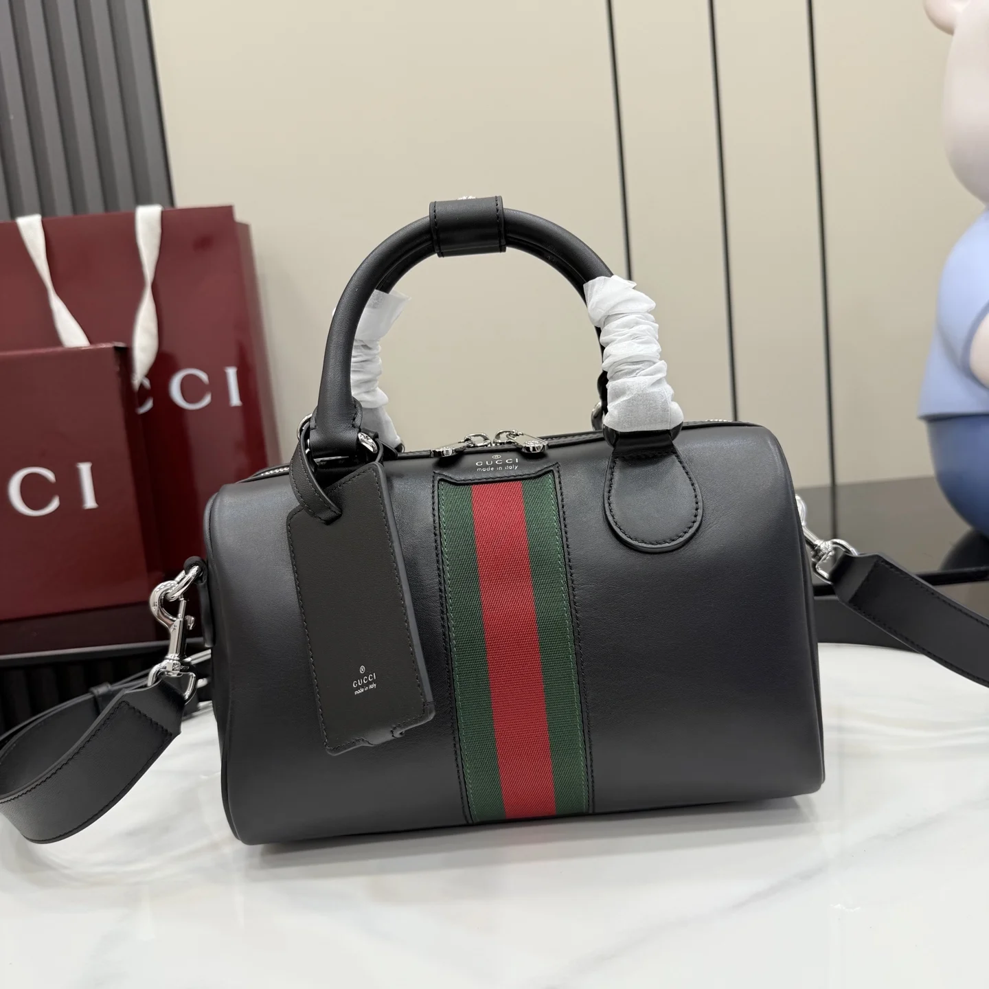1-447 Gucci 2026 Web Stripe Leather Boston Bag 25cm - Image 1