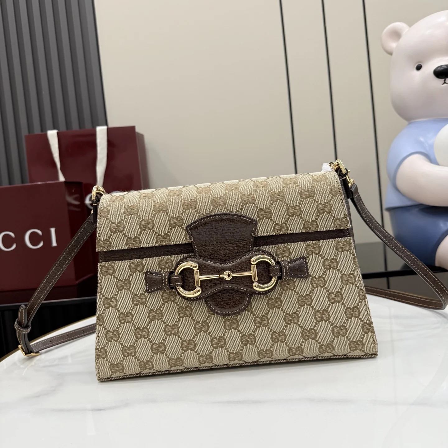1-455 Gucci Primavera Horsebit GG Canvas Shoulder Bag 27.5cm - Image 1