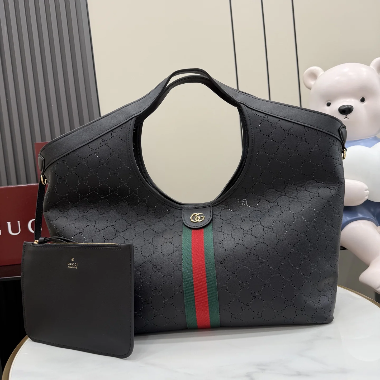 1-501 Gucci Giglio Large Perforated GG Leather Tote Bag with Pouch - Image 1
