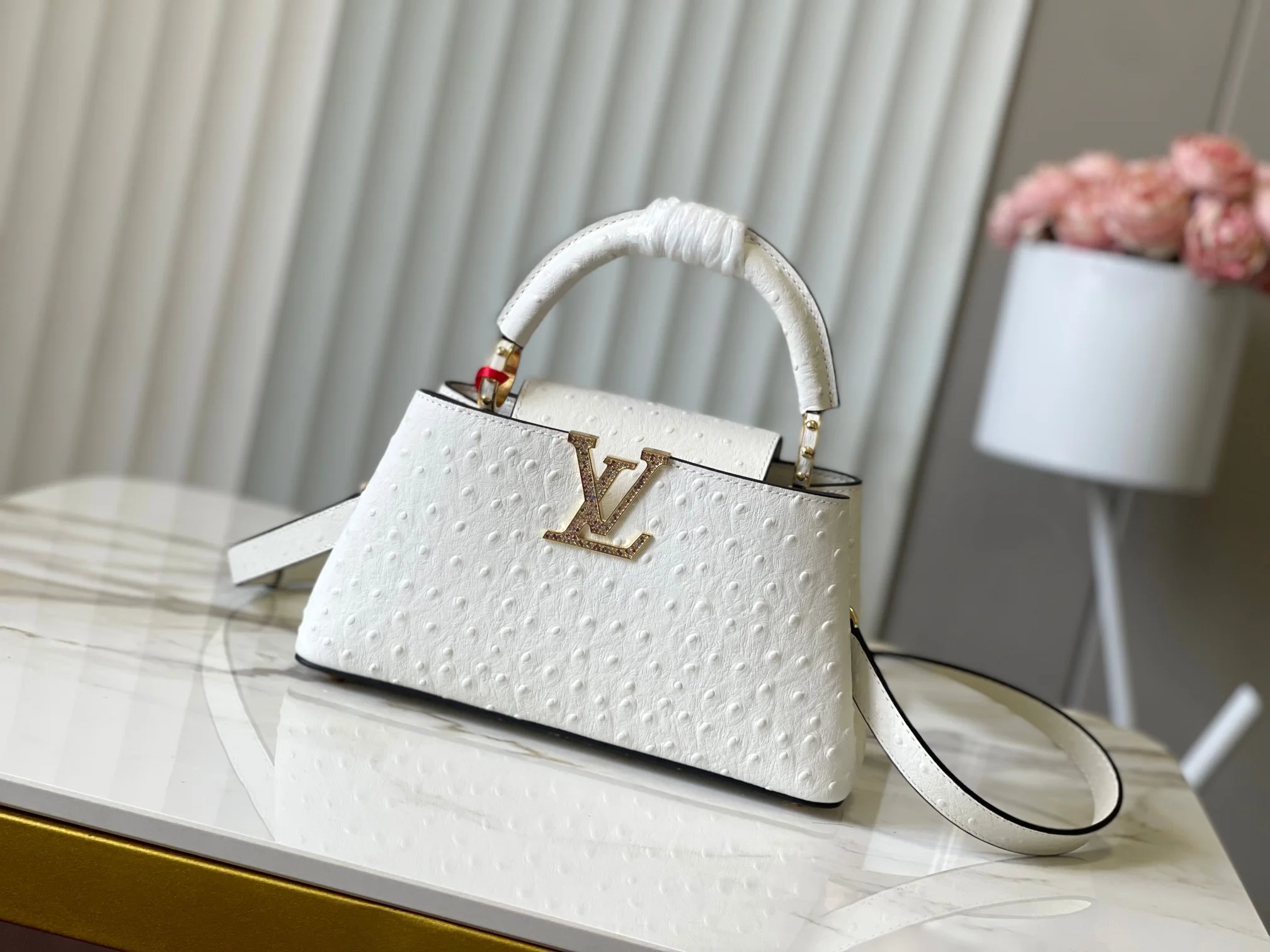 1-566 Louis Vuitton Capucines BB White Ostrich Crystal LV Bag 26.5cm - Image 1
