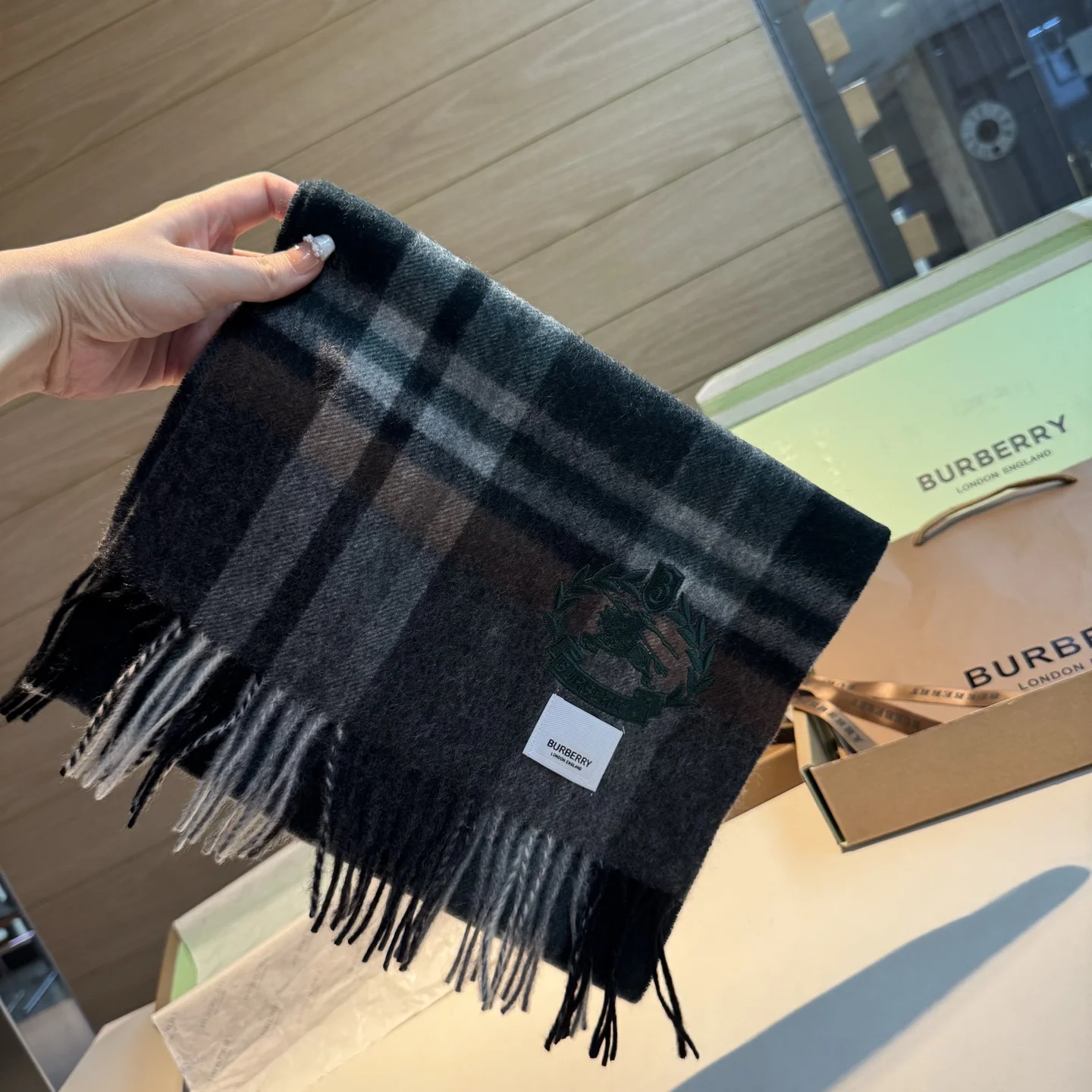 2-1551 Burberry Check Crest Cashmere Scarf - Image 1