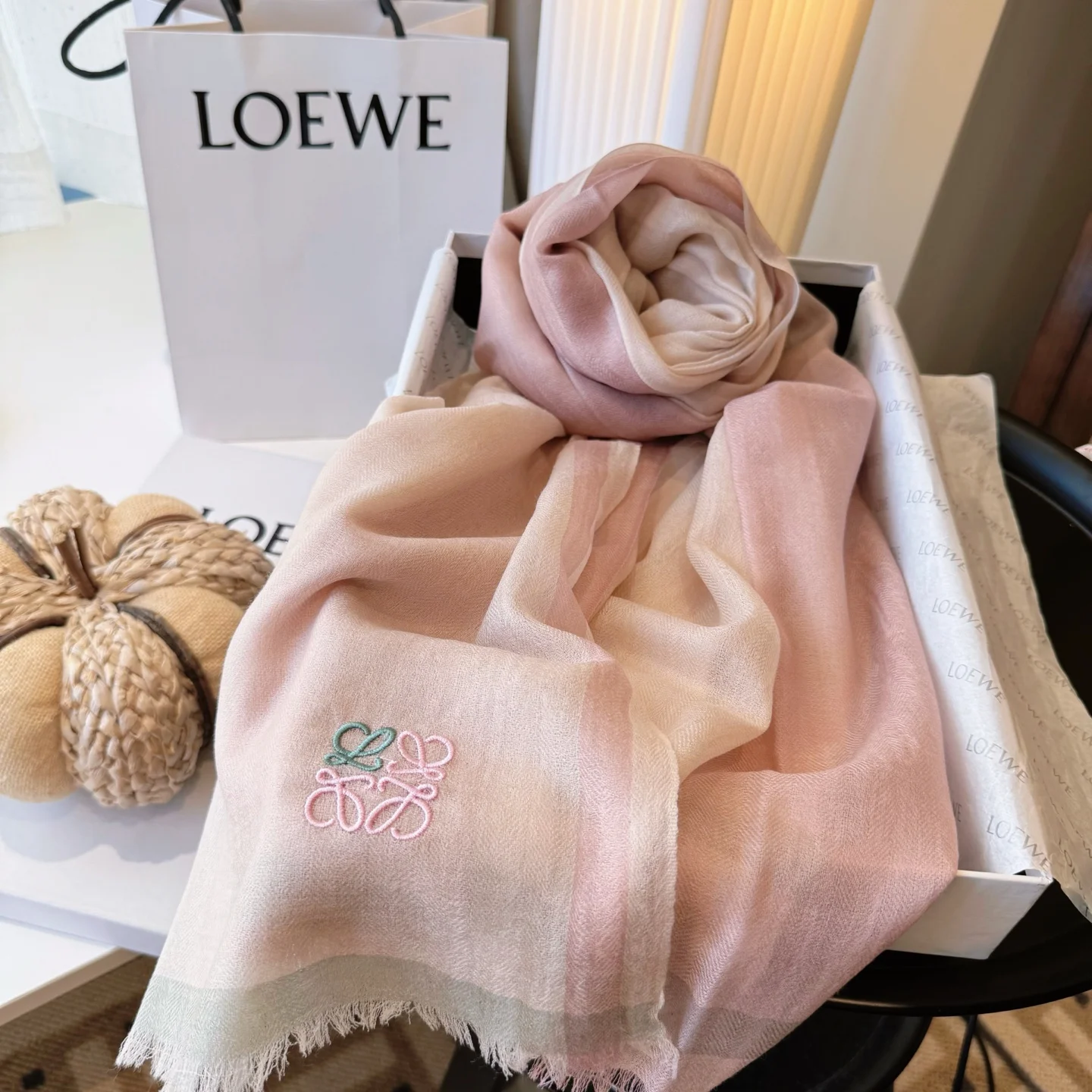 9-1203 Loewe Anagram Check Cashmere Silk Stole - Image 1